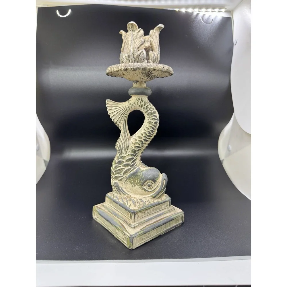 Antique Cast Iron Dolphin‎ / Koi Candlestick